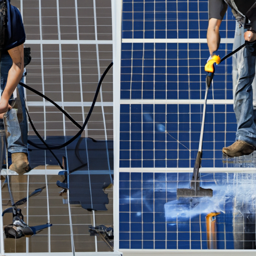 תמונת השוואה המראה אדם מנקה ידנית פאנל סולארי ומערכת ניקוי אוטומטית בפעולה